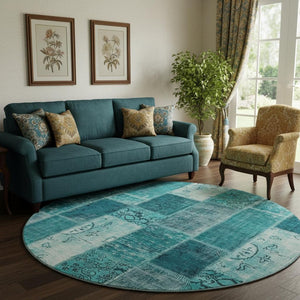 HomeRoots 8' Teal and Ivory Patchwork Round Rug - Washable, UV Protected, Durable for Family Spaces & Style 652968