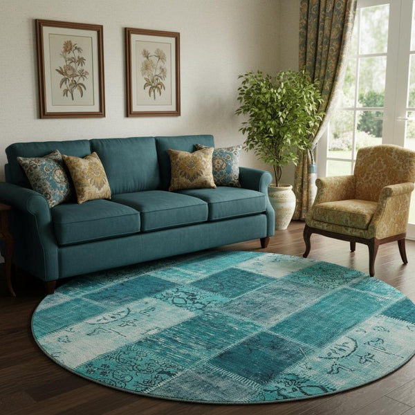 HomeRoots 8' Teal and Ivory Patchwork Round Rug - Washable, UV Protected, Durable for Family Spaces & Style 652968