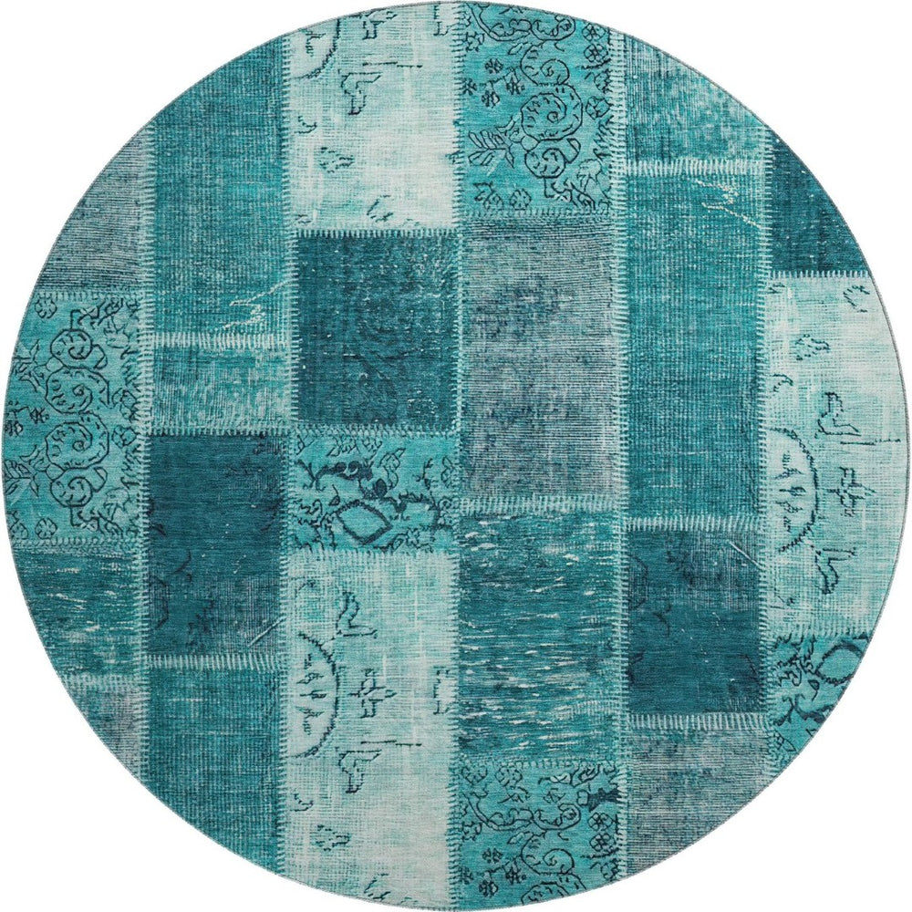 HomeRoots 8' Teal and Ivory Patchwork Round Rug - Washable, UV Protected, Durable for Family Spaces & Style 652968