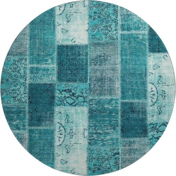 HomeRoots 8' Teal and Ivory Patchwork Round Rug - Washable, UV Protected, Durable for Family Spaces & Style 652968