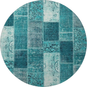 HomeRoots 8' Teal and Ivory Patchwork Round Rug - Washable, UV Protected, Durable for Family Spaces & Style 652968