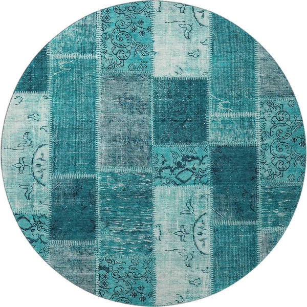 HomeRoots 8' Teal and Ivory Patchwork Round Rug - Washable, UV Protected, Durable for Family Spaces & Style 652968