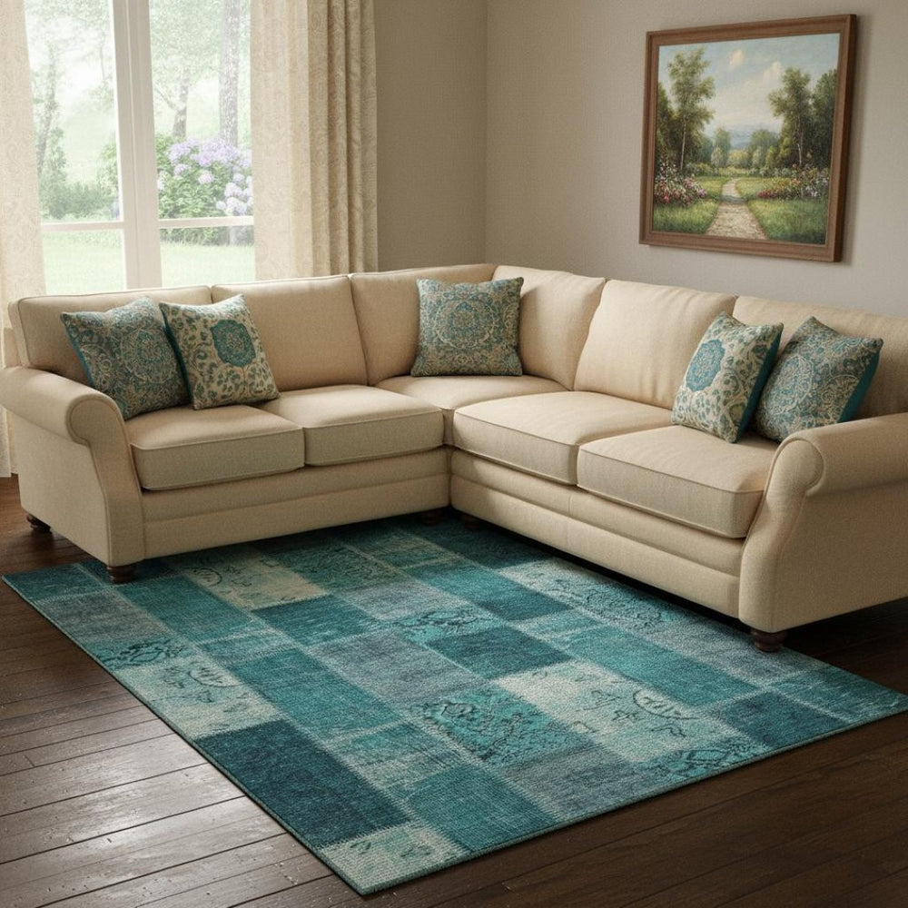 HomeRoots 8' X 10' Teal and Ivory Patchwork Area Rug - Washable, Stain-Resistant, UV Protected for Busy Homes 652969