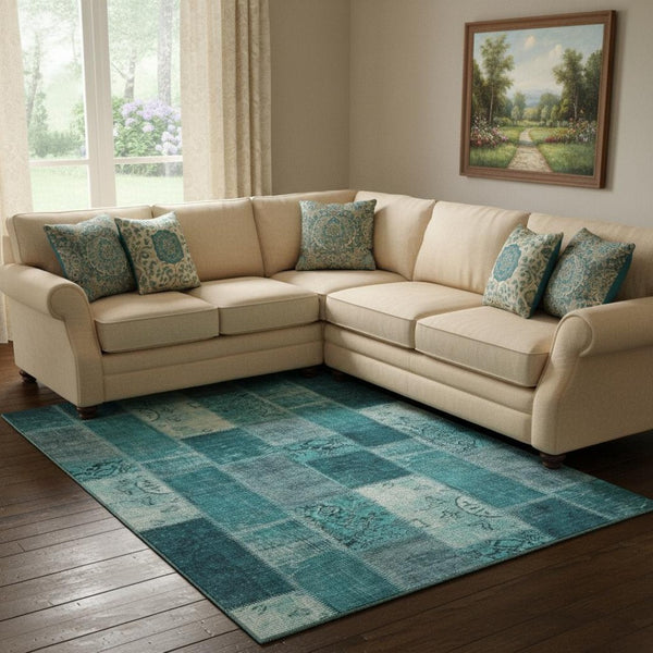 HomeRoots 8' X 10' Teal and Ivory Patchwork Area Rug - Washable, Stain-Resistant, UV Protected for Busy Homes 652969