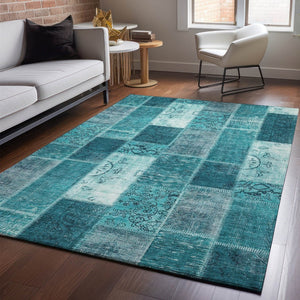 HomeRoots 9' X 12' Teal and Ivory Patchwork Area Rug – Durable, Washable, UV Protected for High-Traffic Spaces 652970