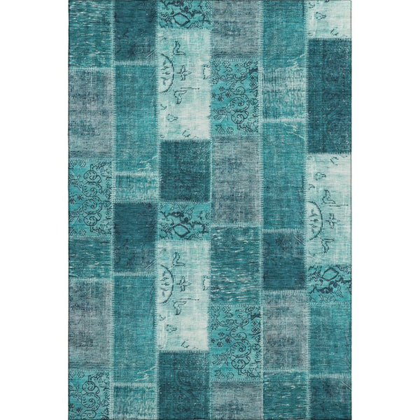 HomeRoots 9' X 12' Teal and Ivory Patchwork Area Rug – Durable, Washable, UV Protected for High-Traffic Spaces 652970