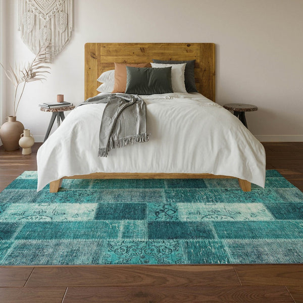 HomeRoots 9' X 12' Teal and Ivory Patchwork Area Rug – Durable, Washable, UV Protected for High-Traffic Spaces 652970