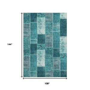 HomeRoots 9' X 12' Teal and Ivory Patchwork Area Rug – Durable, Washable, UV Protected for High-Traffic Spaces 652970