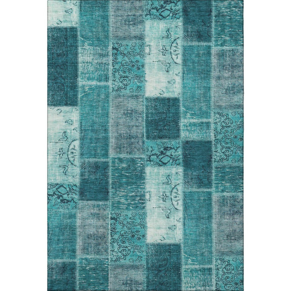 HomeRoots 9' X 12' Teal and Ivory Patchwork Area Rug – Durable, Washable, UV Protected for High-Traffic Spaces 652970