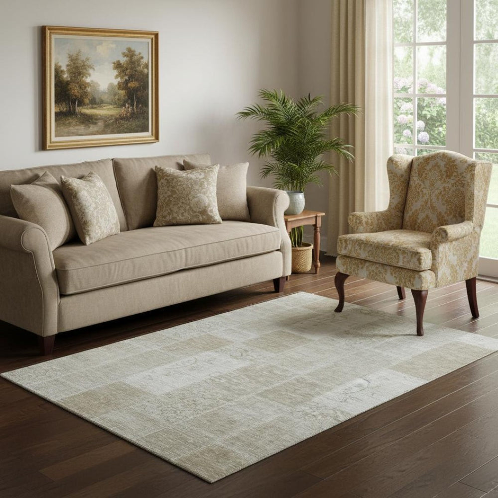 HomeRoots 5' X 8' Taupe & Ivory Patchwork Area Rug - Washable, Stain-Resistant with UV Protection & Slip-Resistant 652973