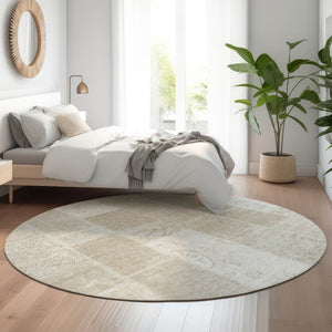 HomeRoots 8' Taupe and Ivory Patchwork Round Rug - Durable, Washable, UV-Protected - Stylish Home Essential! 652974