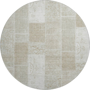 HomeRoots 8' Taupe and Ivory Patchwork Round Rug - Durable, Washable, UV-Protected - Stylish Home Essential! 652974