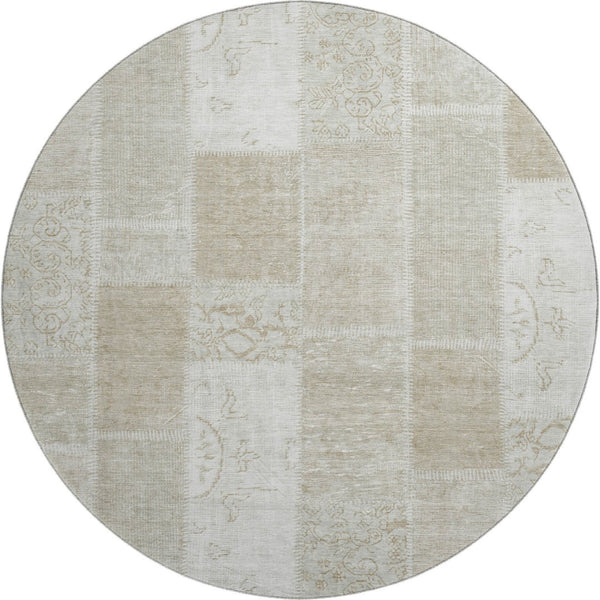 HomeRoots 8' Taupe and Ivory Patchwork Round Rug - Durable, Washable, UV-Protected - Stylish Home Essential! 652974