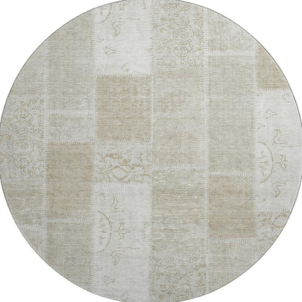 HomeRoots 8' Taupe and Ivory Patchwork Round Rug - Durable, Washable, UV-Protected - Stylish Home Essential! 652974