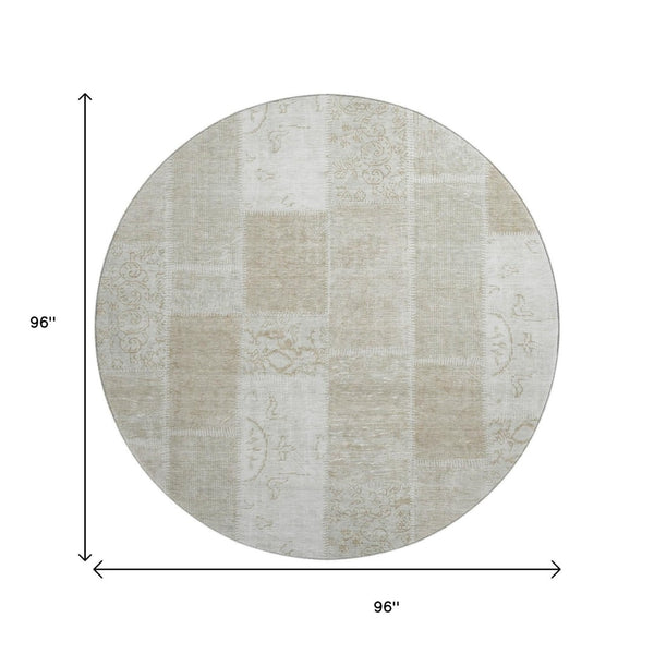 HomeRoots 8' Taupe and Ivory Patchwork Round Rug - Durable, Washable, UV-Protected - Stylish Home Essential! 652974