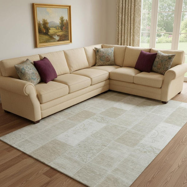 HomeRoots 8' X 10' Washable Taupe and Ivory Patchwork Area Rug – Stain Resistant, UV Protected, Perfect for Homes 652975
