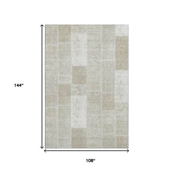 HomeRoots 9' X 12' Taupe And Ivory Patchwork Area Rug - Stain-Resistant, UV-Protected, Easy-Clean Design! 652976
