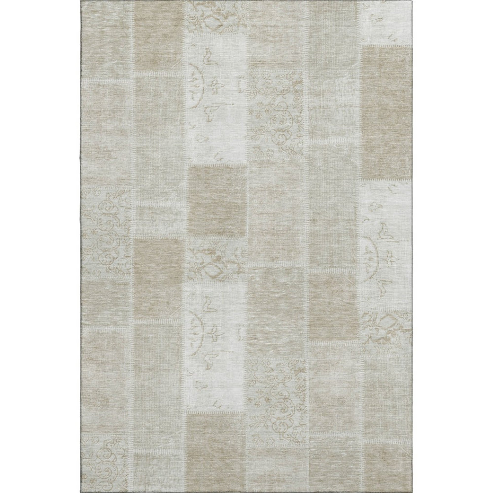 HomeRoots 10' X 14' Taupe and Ivory Washable Patchwork Area Rug - Durable, UV-Protected, Stain Resistant Design 652977