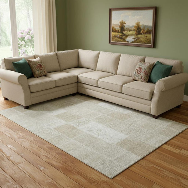 HomeRoots 10' X 14' Taupe and Ivory Washable Patchwork Area Rug - Durable, UV-Protected, Stain Resistant Design 652977