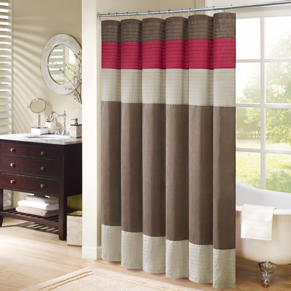 JLA Home Madison Park - Faux Silk Dupioni Shower Curtain with Pintuck Color‑Block Panels, Lightweight Hotel-Quality Elegance Red MP70-221