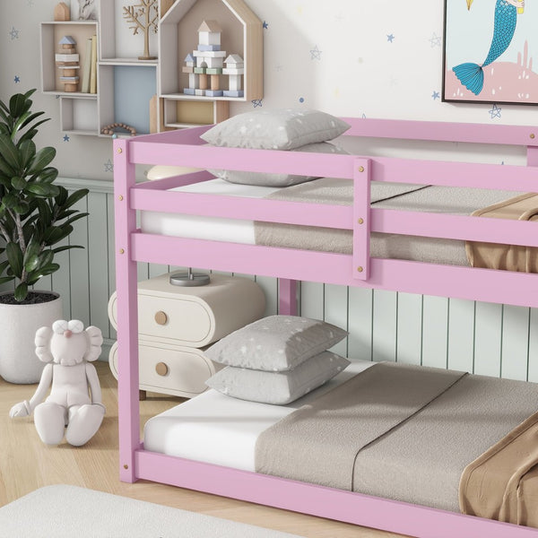 English Elm Solid Rubberwood Twin Over Twin Floor Bunk Bed - Sturdy, Stylish Pink Design With Ladder & Slats W504P191672-GIGA