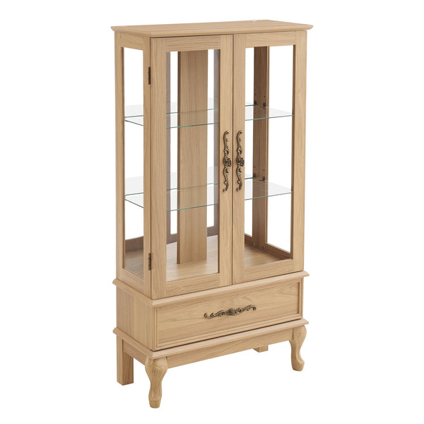 English Elm Curio Lighted Glass Display Cabinet with Adjustable Shelves, Vintage Drawer & Carved Metal Handle, Dark Finish Light Oak W2275P199814