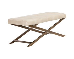 Sunpan Kammi Elegant Modern Bench with Antique Brass X-Base and Channel Tufting for Timeless Style Bravo Cream