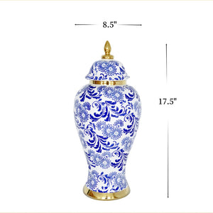 English Elm White Ceramic Ginger Jar Vase With Removable Lid, Blue & Gold Accents For Elegant Home Décor B030P243615-GIGA