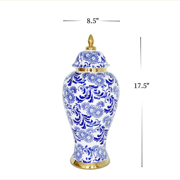 English Elm White Ceramic Ginger Jar Vase With Removable Lid, Blue & Gold Accents For Elegant Home Décor B030P243615-GIGA