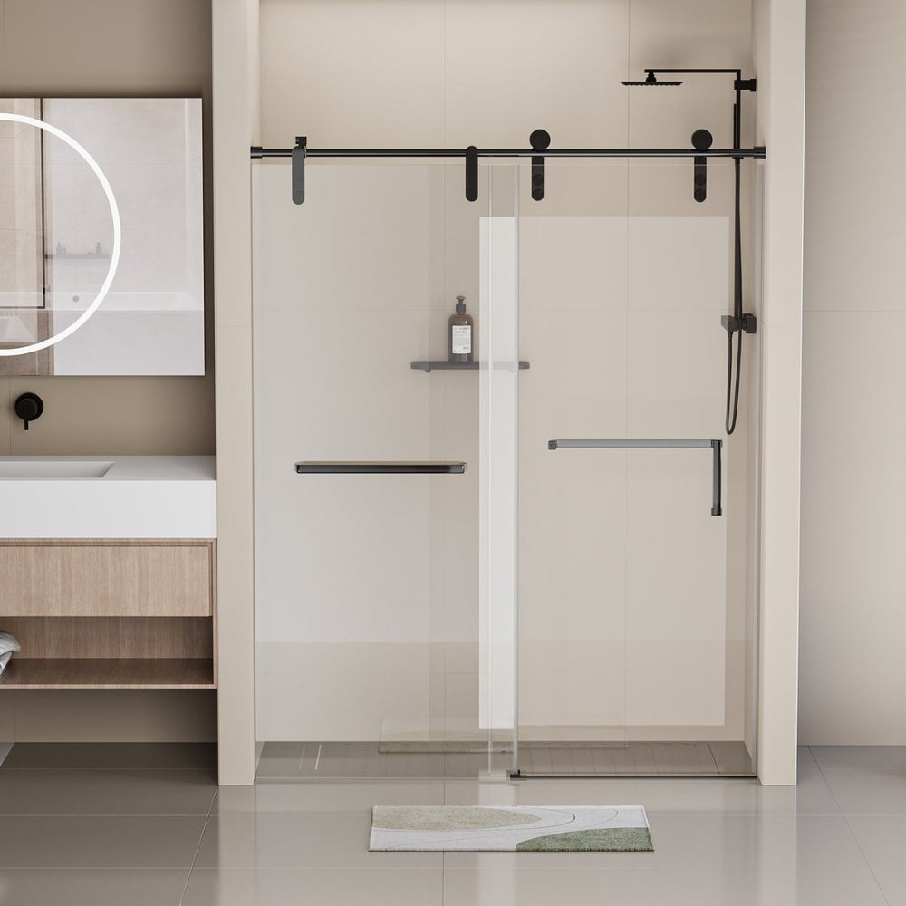 English Elm 56-60 in Frameless Sliding Shower Door Tempered Glass Matte Black Stainless Hardware W1920S00058