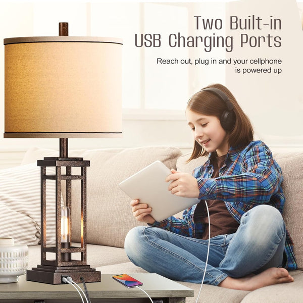 English Elm 27.5 Inch Farmhouse Bronze Table Lamp Set with Usb Charging Ports for Bedroom Decor W3355P440789