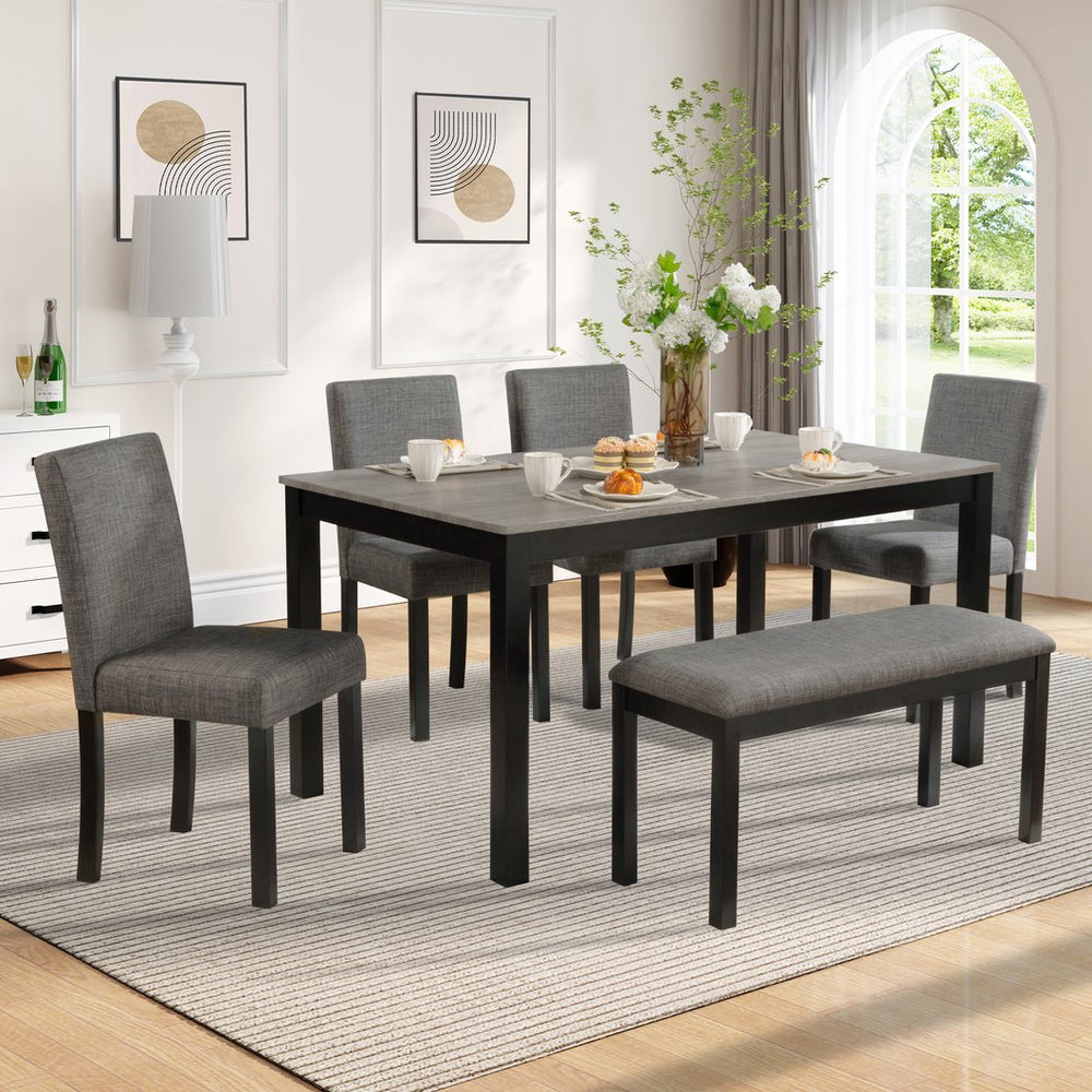 English Elm 6-Piece Stylish Dining Table Set With Bench & Chairs, Modern Light Grey & Black For Kitchen & Dining W1998S00060