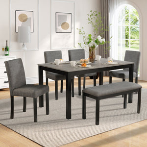 English Elm 6-Piece Stylish Dining Table Set With Bench & Chairs, Modern Light Grey & Black For Kitchen & Dining W1998S00060