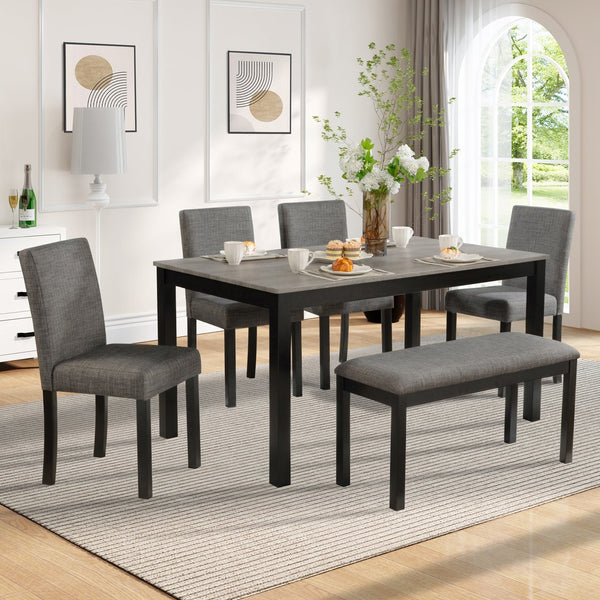 English Elm 6-Piece Stylish Dining Table Set With Bench & Chairs, Modern Light Grey & Black For Kitchen & Dining W1998S00060