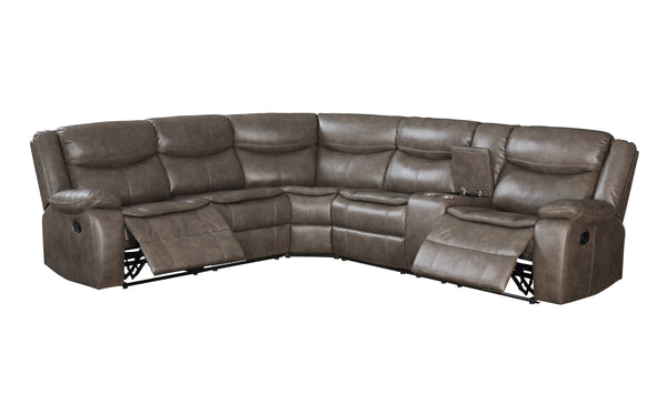 English Elm Tavin Taupe Faux Leather Sectional Recliner Sofa w/ Cupholder Console, 2 Recliners, Storage, 3-Seat Motion B2726S00126