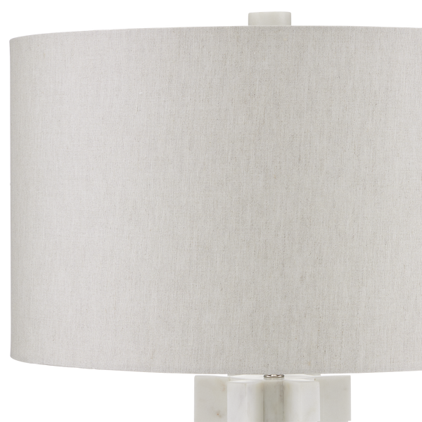 Mercurius Marble Table Lamp - Contemporary Design with Natural Linen Shade, Unique Gear Shape