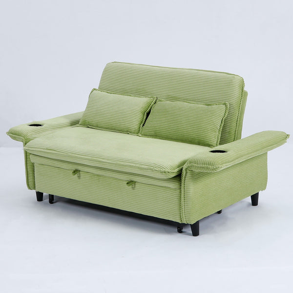 English Elm 65.74-inch convertible letter sofa bed with adjustable armrests, pull-out extension, cup holders, durable frame and plush sponge cushions Green W3371P311474