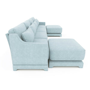 English Elm Four-Seater Sofa Set With Movable Ottoman & Lumbar Pillow - Elegant Sky Blue Chenille Comfort! W714S01212