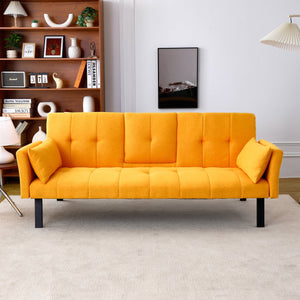 English Elm 70-inch Foldable Cotton Linen Sofa Bed with Cup Holder & Side Storage, Space-Saving 2-Seater Design Yellow W3371P337202