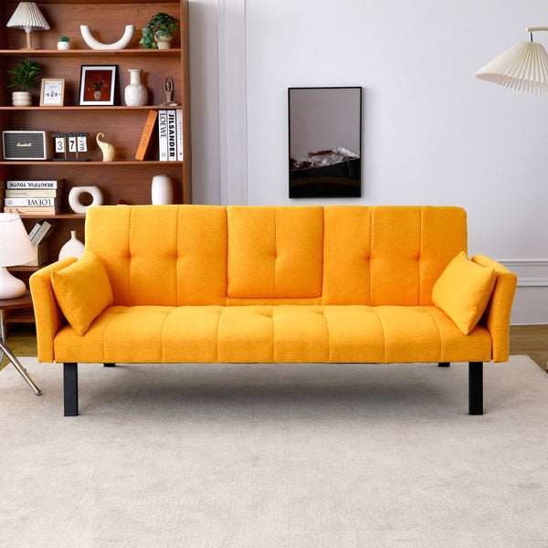 English Elm 70-inch Foldable Cotton Linen Sofa Bed with Cup Holder & Side Storage, Space-Saving 2-Seater Design Yellow W3371P337202