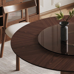 English Elm 59-inch Solid Oak Wabi-sabi Round Dining Set 6 Chairs Lazy Susan Japanese Craft W2700S00137