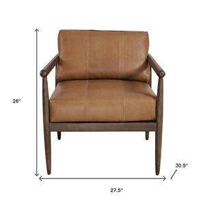 HomeRoots 28" Brown Genuine Leather Arm Chair with Solid Mango Wood Frame - Timeless Comfort & Style 653085