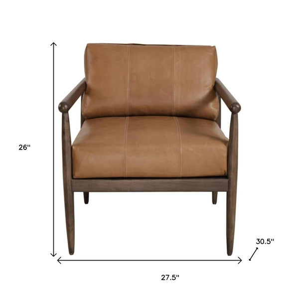 HomeRoots 28" Brown Genuine Leather Arm Chair with Solid Mango Wood Frame - Timeless Comfort & Style 653085