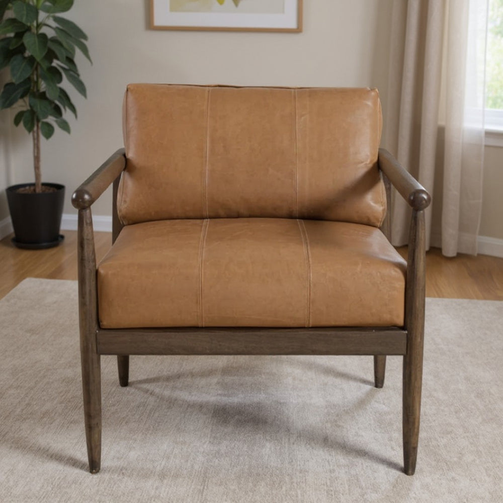 HomeRoots 28" Brown Genuine Leather Arm Chair with Solid Mango Wood Frame - Timeless Comfort & Style 653085