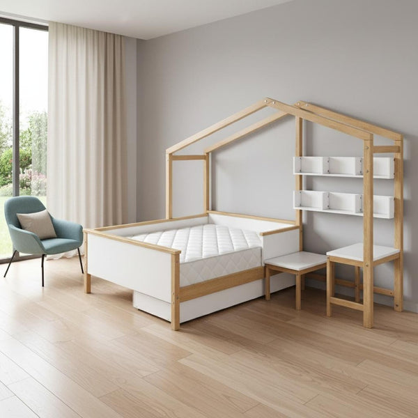 HomeRoots White Full House Bed with Oak Accents and Built-In Drawer – Stylish, Sturdy, and Space-Saving Design 653086