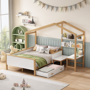 HomeRoots White Full House Bed with Oak Accents and Built-In Drawer – Stylish, Sturdy, and Space-Saving Design 653086