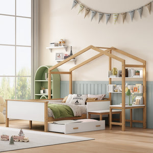 HomeRoots White Full House Bed with Oak Accents and Built-In Drawer – Stylish, Sturdy, and Space-Saving Design 653086