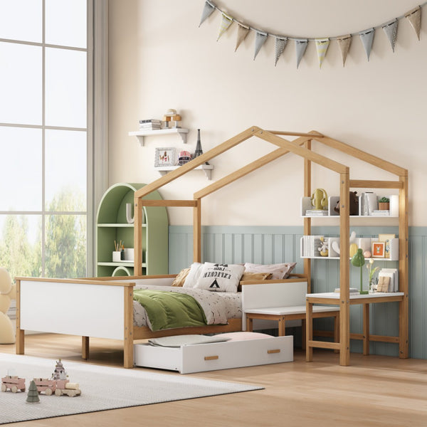 HomeRoots White Full House Bed with Oak Accents and Built-In Drawer – Stylish, Sturdy, and Space-Saving Design 653086