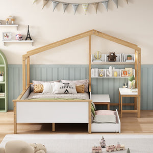 HomeRoots White Full House Bed with Oak Accents and Built-In Drawer – Stylish, Sturdy, and Space-Saving Design 653086