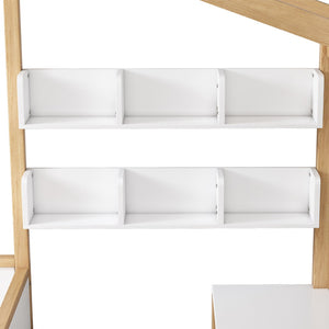 HomeRoots White Full House Bed with Oak Accents and Built-In Drawer – Stylish, Sturdy, and Space-Saving Design 653086